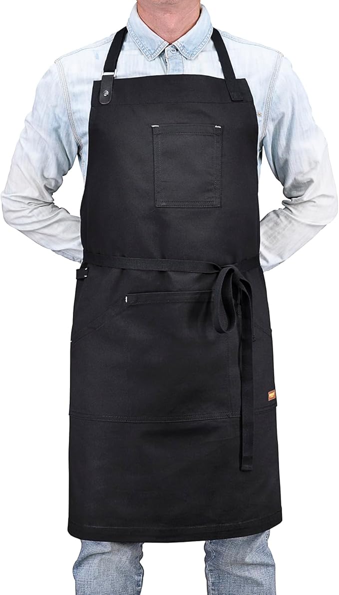 Apron with Pockets, Mens Womens Chef Bib Apron for Kitchen Cooking Grill BBQ Baking Server with Towel Loop