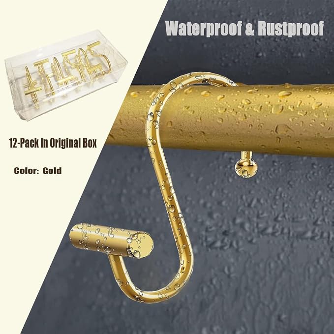 Gracelife Gold Rust Resistant Metal Shower Curtain Rings, T-Bar Hooks - Image 6