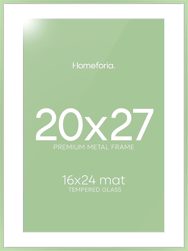 Homeforia 20x27 Picture Frame Sage Green, High End Metal 20x27 Poster Frames with Mat 16x24 Photo, 20 x 27 Sage Green Frame Matted to 16 by 24 Art, 27x20 Thin Frame, Tempered Glass, Wall Kit, Set of 1