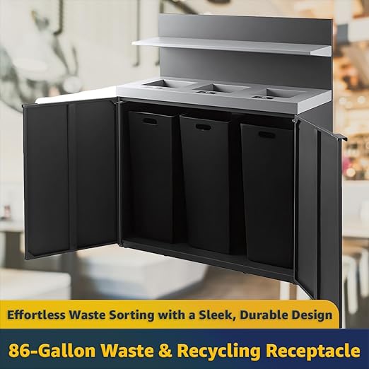 3-Stream Dark Gray Steel Garbage Recycling Station with Tray Holder 86 Gallon for Kitchen, Commercial Decorative Compost Bin