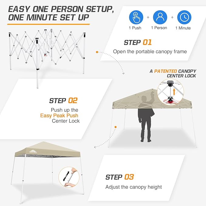 EAGLE PEAK 10x10 Slant Leg Pop-up Canopy Tent Easy One Person Setup Instant Outdoor Beach Canopy Folding Portable Sports Shelter 10x10 Base 8x8 Top (Light Beige)