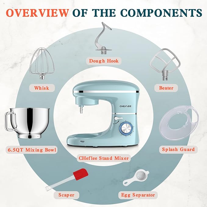 Stand Mixer,660W 6+P With 6.5QT Stainless Steel Bowl,Dough Hook, Wire Whip & Beater,for Most Home Cooks (Blue)