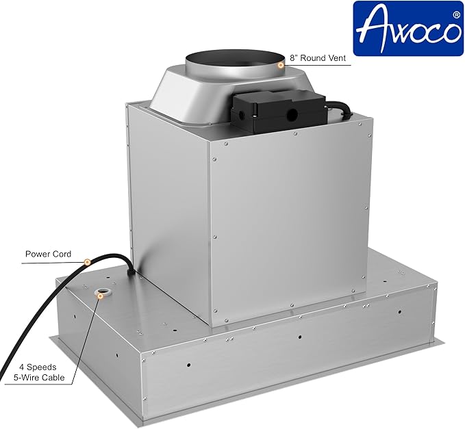 Awoco 36”W Flush Ceiling Mount Insert Island Range Hood, Stainless Steel 4 Speeds 1000 CFM, 8” Round Vent LED Lights Remote Control (36" 8" Vent)