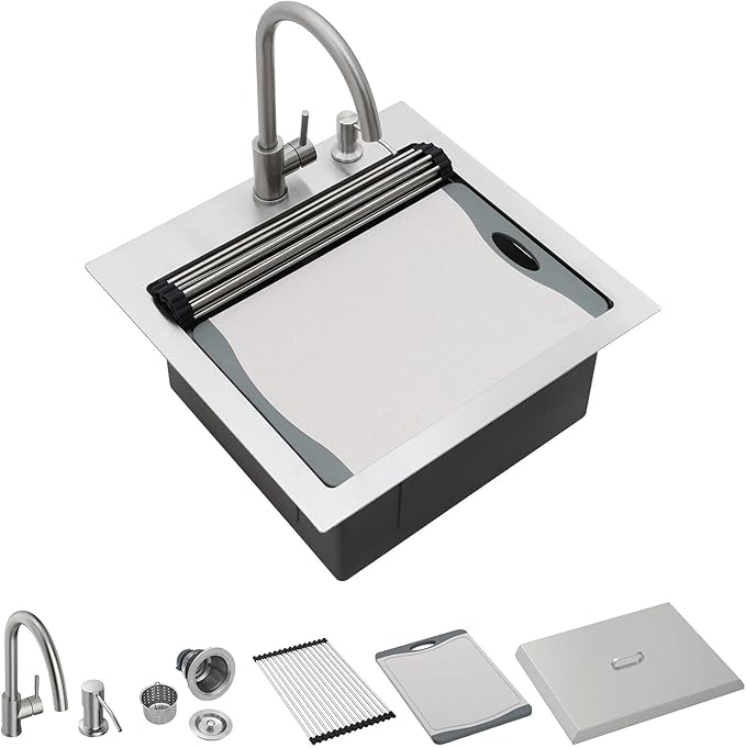 Outdoor Kitchen Sink - 21 x 20 Inch Outdoor Sink Drop In Workstation Stainless Steel 16 Gauge Topmount Single Bowl Small Wet Bar Sinks with Faucet & Premium Stainless Steel Cover #TLT-0030