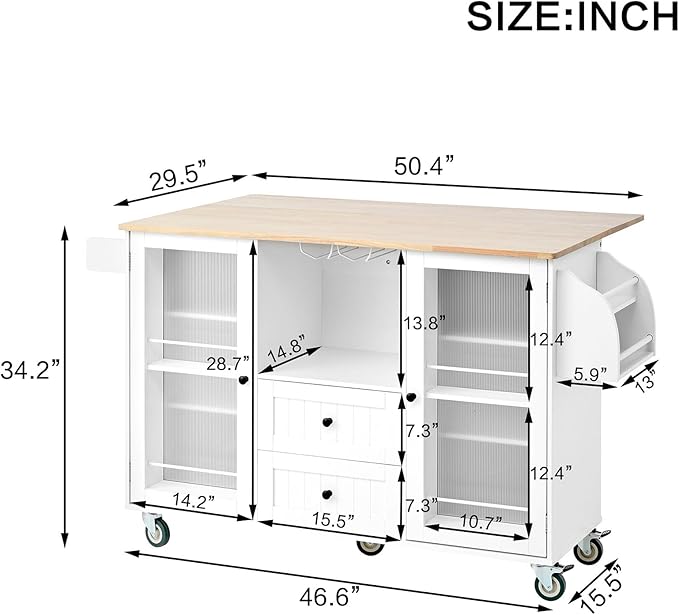 White Kitchen Cart with Storage, Drop Leaf Kitchen Island on Wheels, Mobile Rolling Cart with Drawers & Shelves for Small Spaces, Farmhouse Kitchen Cart with Butcher Block Top