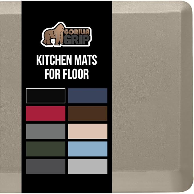 GORILLA GRIP Comfortable Cushioned Kitchen Mats for Floor, Waterproof and Stain Resistant Soft Top, 3/4 Inch Thick Ergonomic Standing Desk Anti Fatigue Mat, Foam Supports Ankles and Feet, 20x32, Taupe