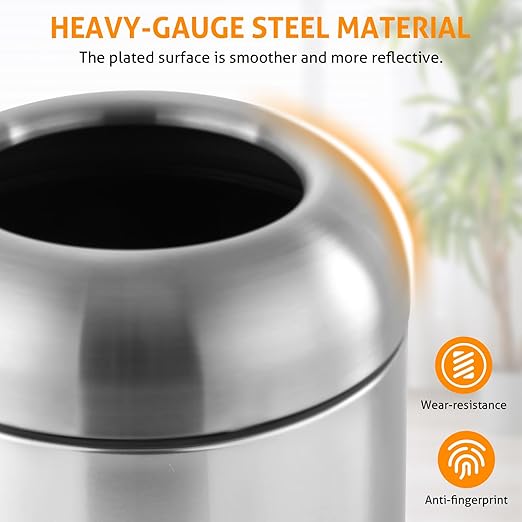 WICHEMI 16 Gallon Commercial Large Trash Can, Bullet Outdoor Trash Bin with Open Top Lid, Brushed Stainless Steel Garbage Can, Bright Silver