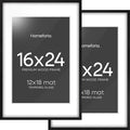 Homeforia 16x24 Black Wood Frame, High End Oak 16x24 Picture Frames with Mat 12x18 Photo, 16 x 24 Wooden Poster Frame Matted to 12 by 18 Print, 24x16 Hanging Frames, Tempered Glass, Wall Kit, Set of 2