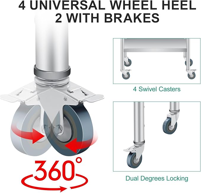 Stainless Steel Prep Table, 30 x 24 inches, with Backsplash, Adjustable Undershelf & 4 Wheels, Commercial Heavy Duty Table with Adjustable Under Shelf for Outdoor Use,Restaurants,Hotels,Works
