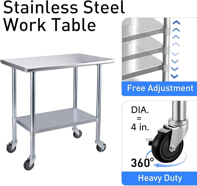 ROCKPOINT Stainless Steel Table for Prep & Work with Caster Wheels 30x48 Inches, NSF Metal Commercial Kitchen Heavy Duty Table with Adjustable Under Shelf and Table Foot for Restaurant, Home and Hotel