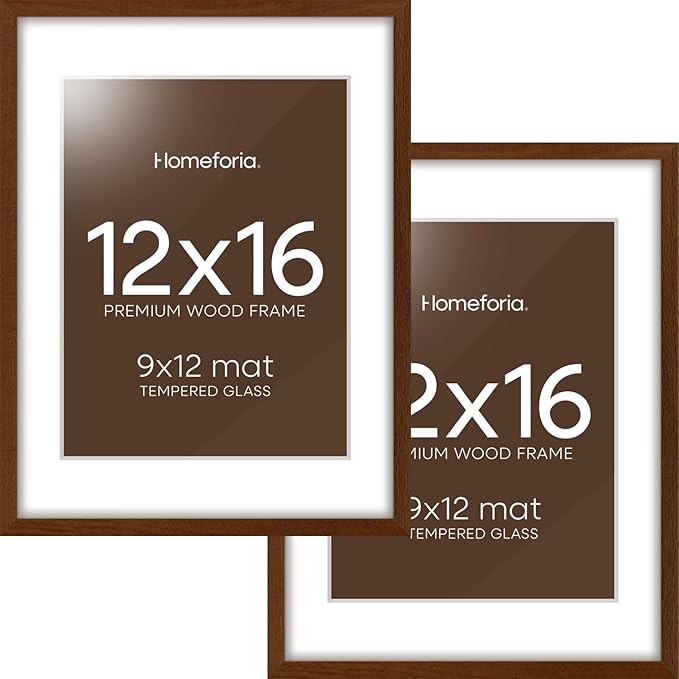 Homeforia 12x16 Picture Frame Brown, High End Dark Oak 12x16 Walnut Wood Poster Frame with Mat 9x12 Print, 12 x 16 Wooden Frame Matted to 9 x 12 Photo, 16x12 Frames, Tempered Glass, Wall Kit, Set of 2