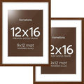 Homeforia 12x16 Picture Frame Brown, High End Dark Oak 12x16 Walnut Wood Poster Frame with Mat 9x12 Print, 12 x 16 Wooden Frame Matted to 9 x 12 Photo, 16x12 Frames, Tempered Glass, Wall Kit, Set of 2