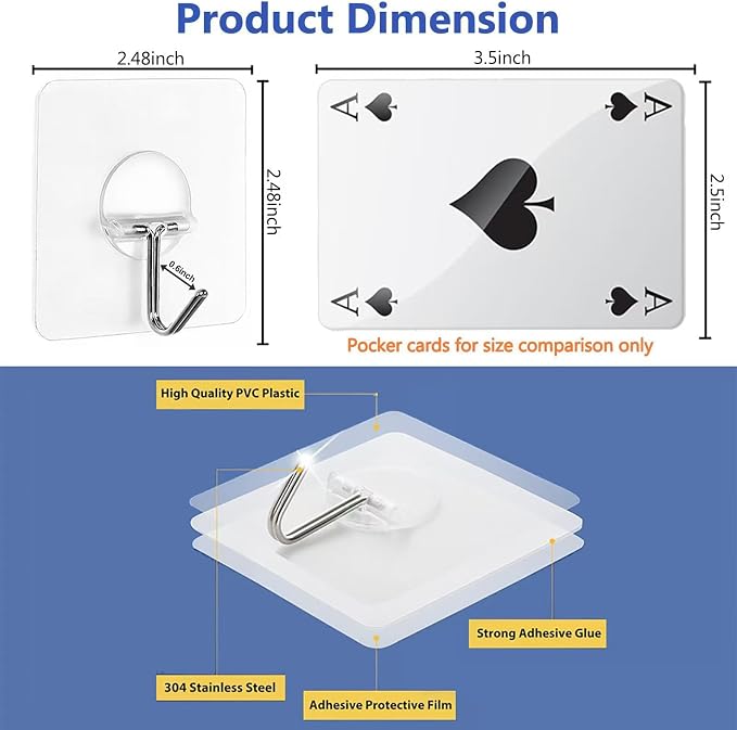 JINSHUNFA Adhesive Wall Hooks No Drill Clear Heavy Duty, 13LB Sticky 8 Pack | - Image 3
