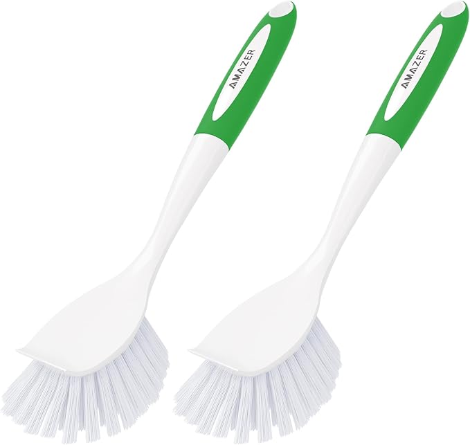 Dish Brush with Handle, 2 Pack Kitchen Scrub Brushes with Built-in Scraper by Amazer