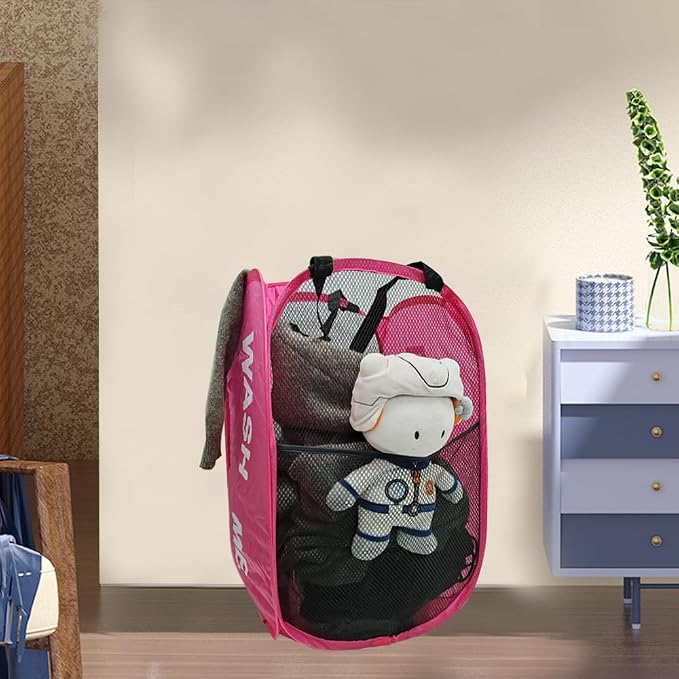 2 Pack Mesh Pop Up Laundry Hamper Collapsible Laundry Basket Pink Dirty Clothes - Image 6
