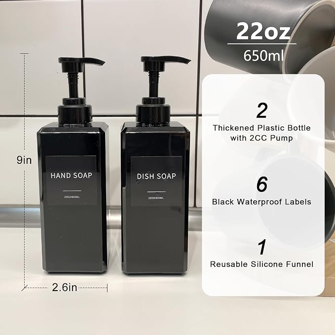 Black Soap Dispenser with Waterproof Labels, Thickened Plastic Hand Soap - Image 2