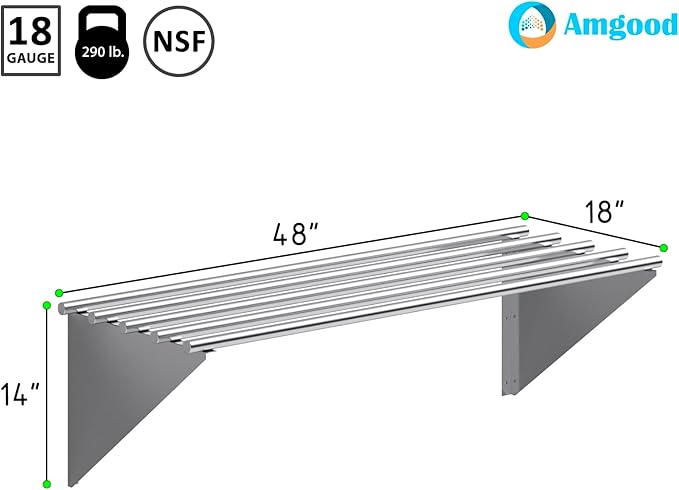 AmGood 18 in. x 48 in. NSF Stainless Steel Tubular Wall Shelf | Heavy-Duty Metal Shelving for Appliances & Equipment | Ideal for Kitchen, Restaurant, Garage, Laundry, Utility Room