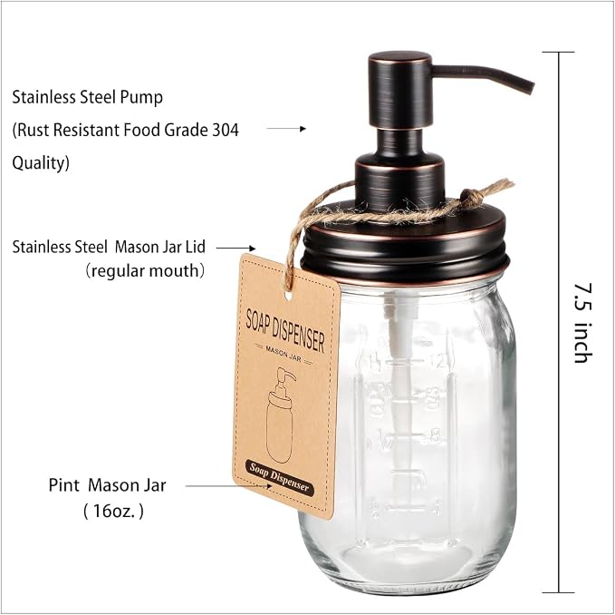 Amolliar Mason Jar Liquid Soap Dispenser, 16OZ Lotion Dispenser ORB 1 Pack | - Image 5