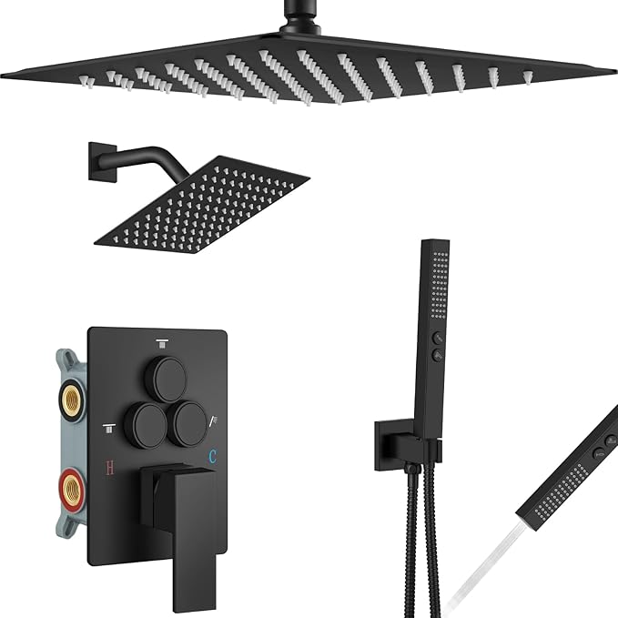 Aolemi Shower Faucet Set Ceiling Mount Shower System Rough-in Valve and Shower Trim Kit 2 in 1 Handheld Spray Push Button Diverter 16 and 6 Inch Dual Shower Head Matte Black