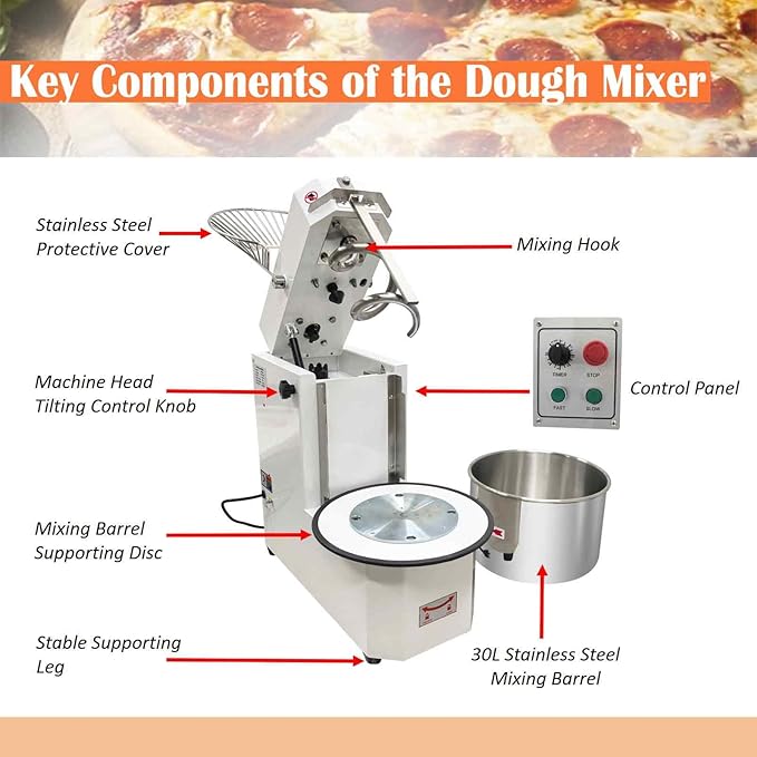 30L Commercial Dough Mixer 110V, Double-Speed Dual-Motion System (Bowl & Spiral Hook) Stainless Steel Dough Kneading Machine, Detachable Bucket, for Mixing Flour