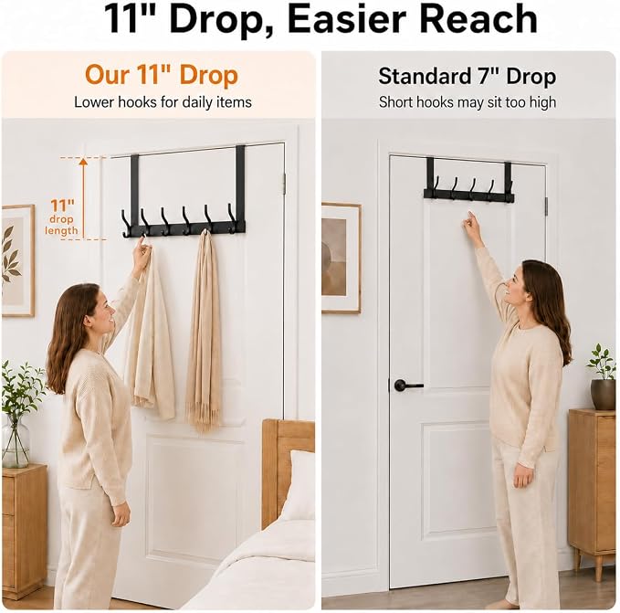 Peasulin Over The Door Hooks, 1 Pack Black 11" Long Door Hanger Rack - Image 4