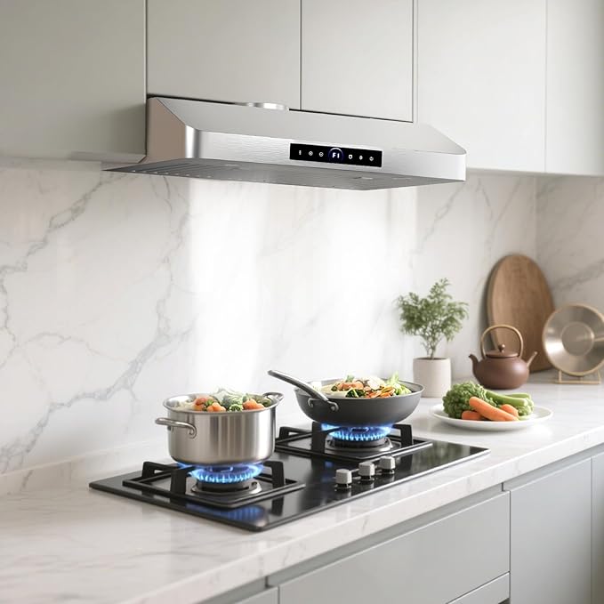 30" Under Cabinet Range Hood,1200CFM Vent Hood with Powerful Suction,4-Speed Exhaust Fan,Stainless Steel Ducted Kitchen Exhaust Hood with Led Lights,Smart Touch Panel, 15S-E30
