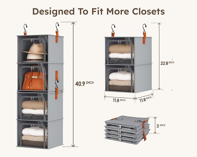 4-Tier Modular Hanging Closet Organizer Shelves Grey | 40.9" Height, 2+2 - Image 3