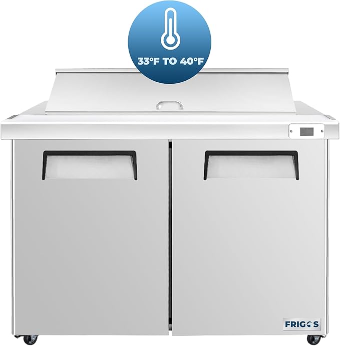 Frigos FG-SWPT-48 13.8 Cu Ft 2 Door Commercial Sandwich Prep Table Refrigerator - Stainless Steel Exterior with LED Lighting - Ideal for Commercial Kitchen Salad Bar Included Liftgate