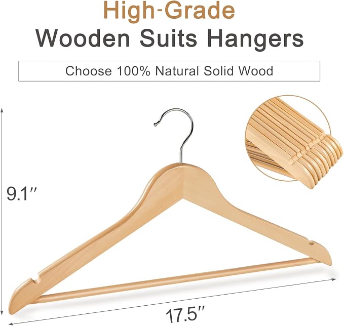 TOPIA HANGER Wooden Coat Hanger 20 Pack, Natural Wood Suit Hangers | Non Slip - Image 2
