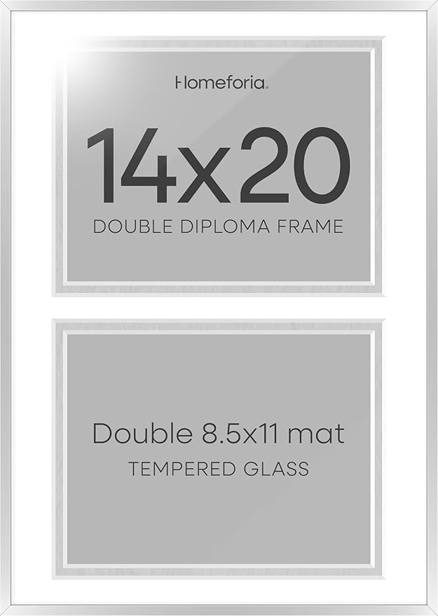 Homeforia 14x20 Double Diploma Frame Silver, High End Metal 14 x 20 Certificate Frames with Mat for Two 8.5x11 inch Diplomas, 20by14 Dual Award Degree Matted Frames, Tempered Glass, Wall Kit, Set of 1