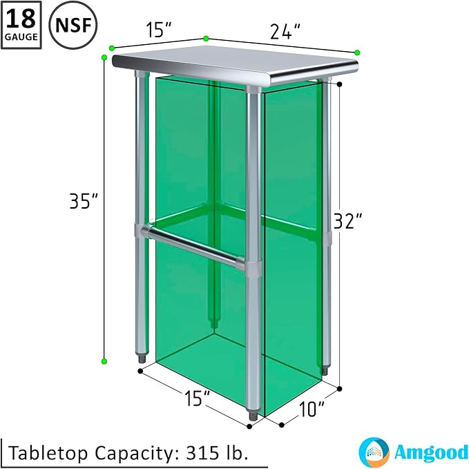 AmGood Stainless Steel Work Table Open Base | NSF Kitchen Island Food Prep | Laundry Garage Utility Bench (15" Long X 24" Deep)