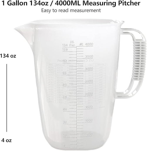1 Gallon Measuring Pitcher-Convenient Conversion Chart,134oz Extra Large Plastic Measuring Cup-Strong Food Grade Material,Graduated Mixing Pitcher Great for Lawn,Pool Chemicals, Motor Oil and Fluids