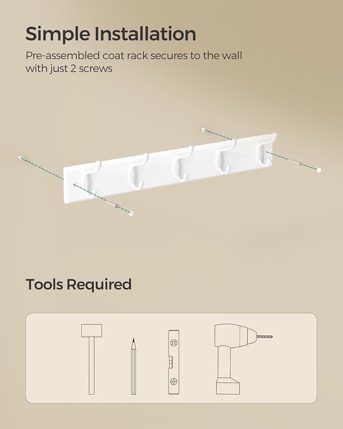 SONGMICS Wall-Mounted Coat Rack, 5 Dual Metal Hooks | - Image 5