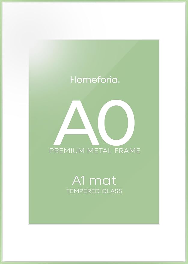 Homeforia A0 Poster Frame Sage Green, High End Metal A0 Large Picture Frames with Mat A1 Photo, 33.1 x 46.8 Frames Matted to 23.4 x 33.1 Print, 33.1x46.8 Thin Frame, Tempered Glass, Wall Kit, Set of 1