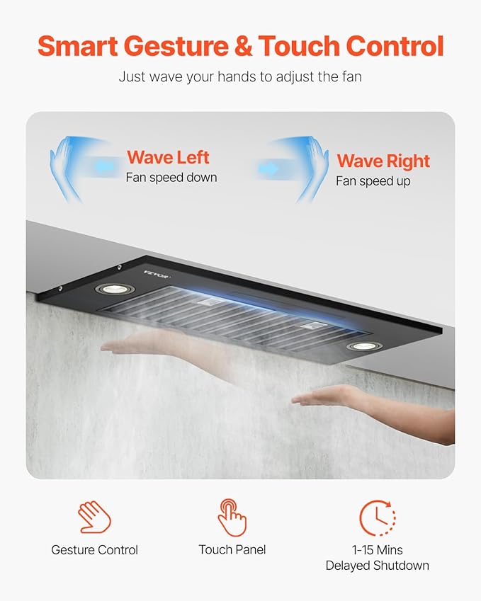 VEVOR Range Hood Insert, 30 Inch Built-in Kitchen Vent Hood, 800CFM Steel Stove Hood, with Gesture & Touch Control, LED Light, Baffle Filters, 4-Speed Exhaust Fan, Ducted/Ductless Convertible
