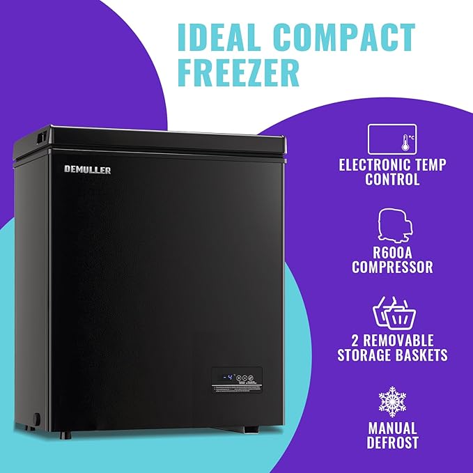 Chest Freezer, Small Deep 4.0 Cubic Feet Black Freezers, Compact Top Open Door with Electronic Panel, Temp Range -12 ℉ to 50 ℉, Two Storage Wire Baskets, Manual Defrost