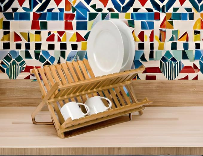 Bamboo Dish Drying Rack for Kitchen Counter, 2-Tier Collapsible Foldable Dish Drainer, Space-Saving Wooden Organizer for Dishes, Plates, Cups, Housewarming Gift