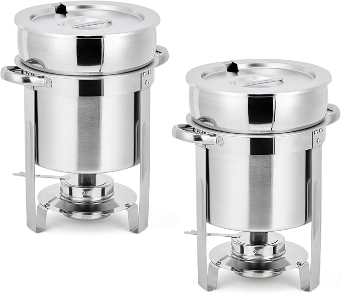 GarveeHome 11QT Soup Chafer Set of 2, Stainless Steel Round Soup Warmer with Pot, Notched Lids & Fuel Holders, Commercial Food Warmer for Buffets, Events and Party Service