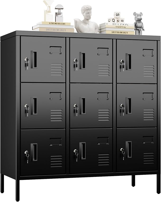 METAN Metal Locker with Padlock and Keys for School Office Gym Bedroom, 9 Doors Black Steel Storage Locker Cabinet for Employees Industrial Storage,Assembly Required