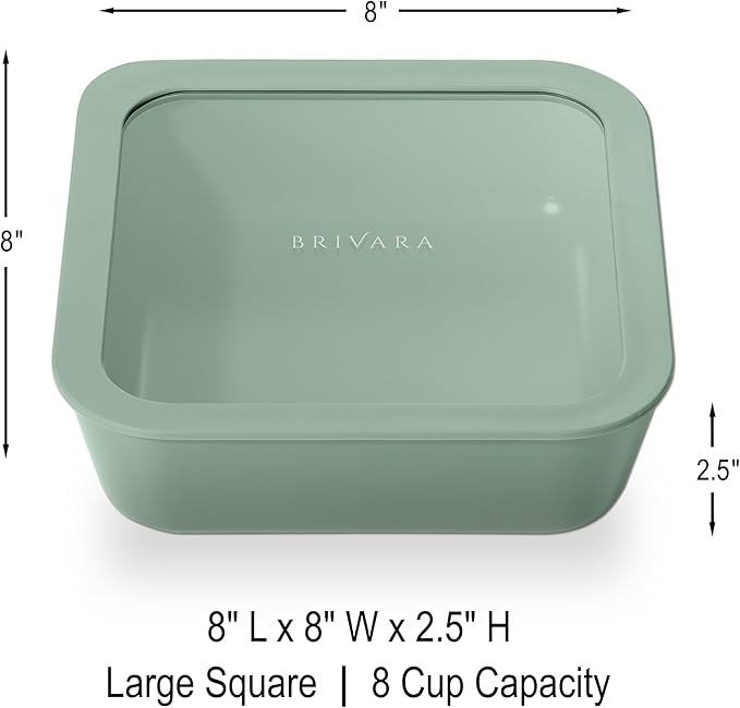 Ceramic Coated Glass Food Storage Container | No PTFE, PFOA, PFAS, and BPA | Reusable Non Toxic Meal Prep Container with Glass Lid | Easy To Store | 8 Cup Square [Willow]
