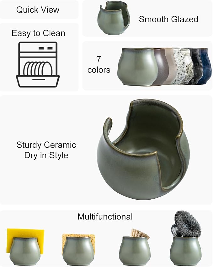 Zoeeker Sponge Holder for Kitchen Sink, Ceramic Dish Sponge Caddy Drying Rack - Image 3