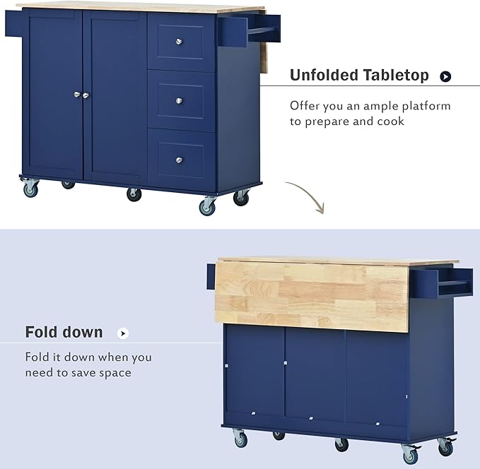 Favfurish 52.7" Rolling Mobile Kitchen Island Cart with Drop Leaf Wood Top, Adjustable Shelves Coffee Bar Trolley on Lockable Casters & Storage Cabinet & 3 Drawers for Dining Room, Dark Blue