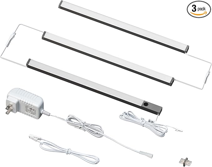 LUMILAND 3 Pcs 12-inch Led Under Cabinet Lighting Plug-in with Hand Wave, Dimmable 6000K Cold White Under Counter Lights Linkable with Memory Function for Kitchen