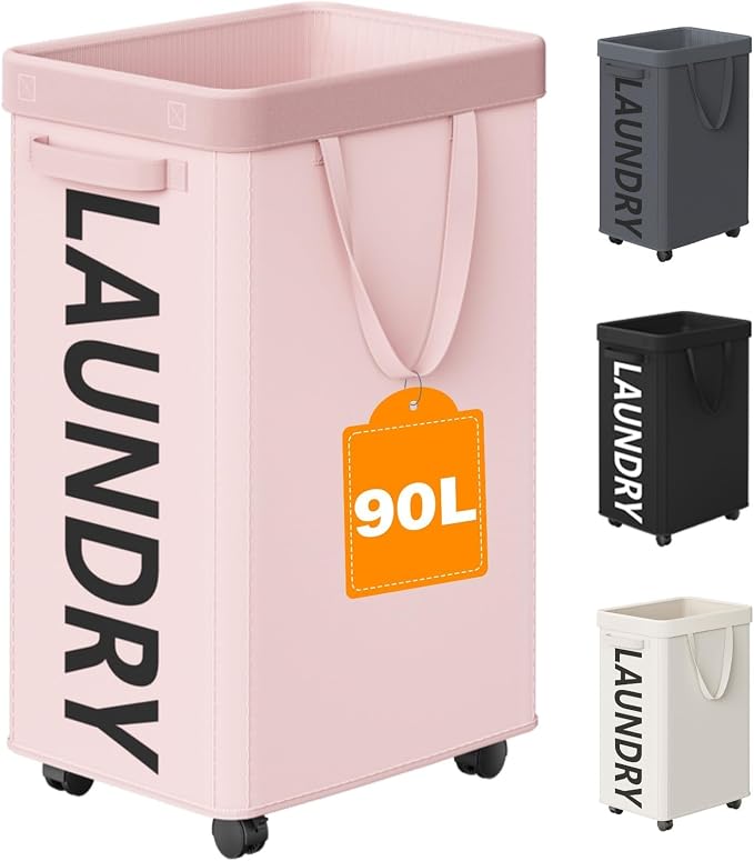 Optish 90L Laundry Basket with Wheels, Rolling Hamper with Removable Bag by Optish