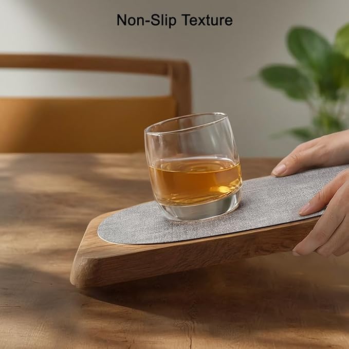 Placemats and Coasters, Washable Placemats Round Faux Leather Wipeable Place Mats Non Slip Heat Resistant Indoor Outdoor Table Mats (Set of 4, Light Gray Cream-White)