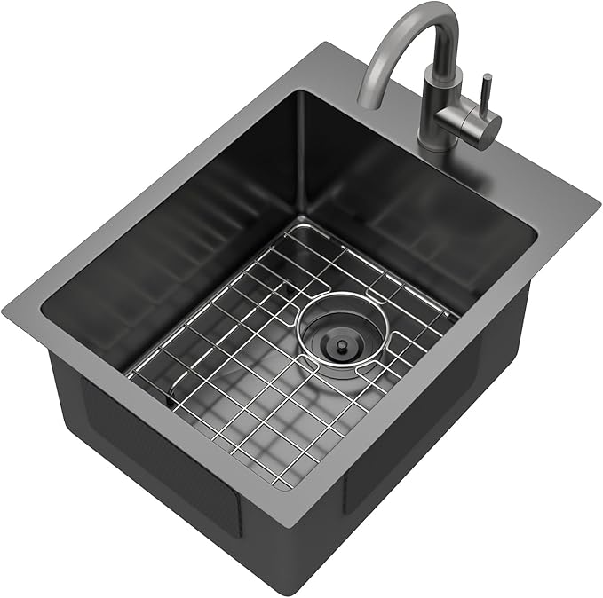 Black Bar Sink with Faucet - 15 Inch Drop In Bar Sink 16 Gauge Stainless Steel Topmount Gunmetal Black Single Bowl Small Prep Sinks with Accessories for Kitchen Bars, RV, Small Space #TLT-0032