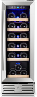Kalamera Wine Fridge 18 Bottle - 12 inch Mini Cooler Refrigerator, Built-in or Freestanding, with Stainless Steel & Double-Layer Tempered Glass Door, and Temperature Memory Function