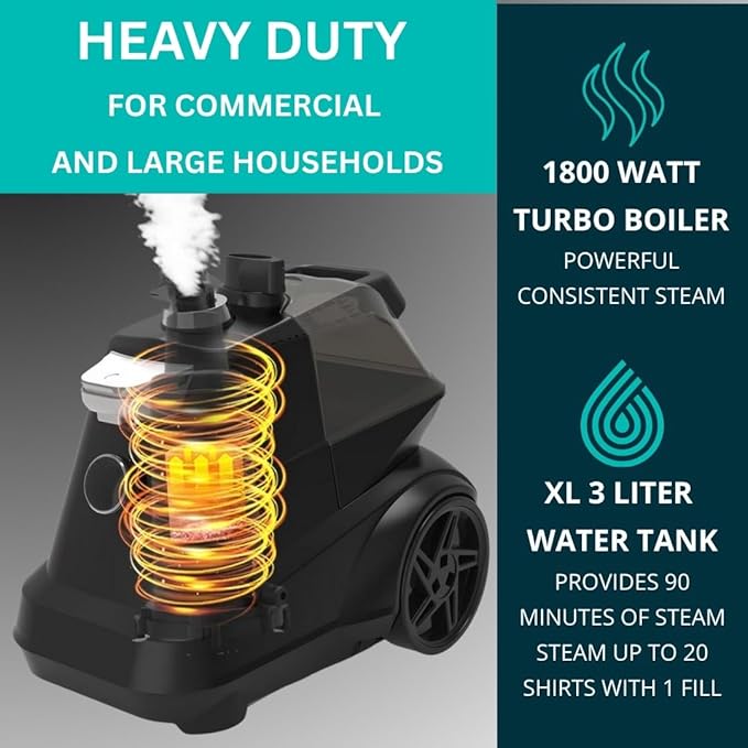 True & Tidy® Heavy-Duty Industrial Standing Garment Steamer for Clothes, 1800 watts, Extra Large 3L water tank 90+ mins of Steam Time (Matte Black, Smart Auto-Off Commercial Garment Steamer)