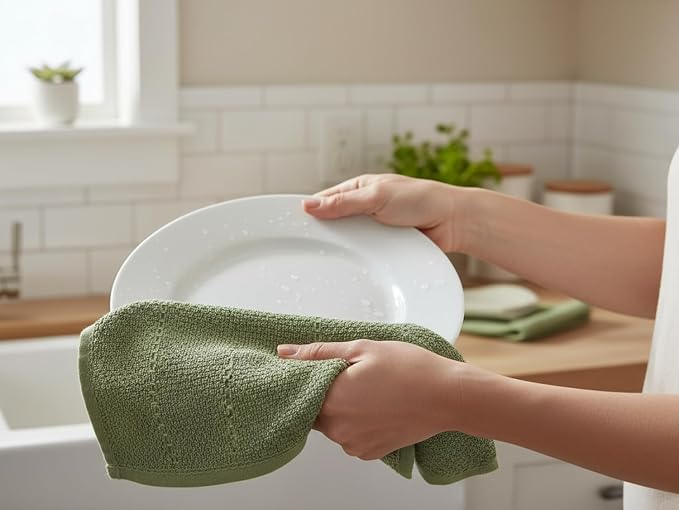 Dark Sage Green Kitchen Hand Dish Towels, 100% Cotton - Image 4