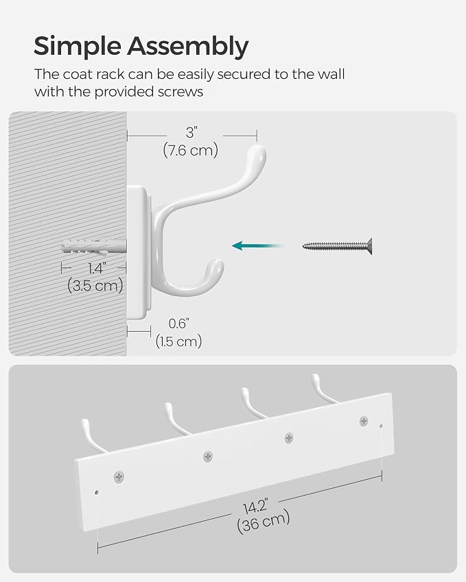 SONGMICS Wall-Mounted Coat Rack, Hook Rack, 8 Dual Metal Hooks, in the Entryway - Image 6
